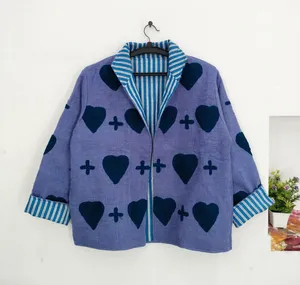 Handmade Bohemian TNT Color Suzani <b>Jacket</b> for Women Purple Cotton Heart Applique Reversible <b>Kantha</b> Style Layering Coat - Product Image 4