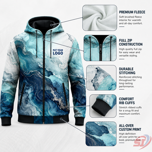 เสื้อฮู้ดดี้สั่งทำแบรนด์ส่วนตัว สีเขียวน้ำทะเล ซิปยาว พิมพ์ลายทั่วตัว รับผลิตแบบ OEM ODM เสื้อผ้าสตรีทแวร์ ขายส่ง - Product Image 5