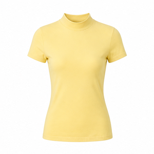 T-shirt personnalisé pour femme, jaune pâle, coupe ajustée moderne, col montant, manches courtes, en jersey de coton côtelé doux - Product Image 1