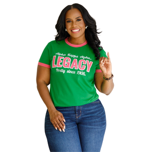 T-shirt en chenille AKA Legacy vert et rose brodé – Coton premium, style streetwear décontracté, vêtement de sororité - Product Image 1