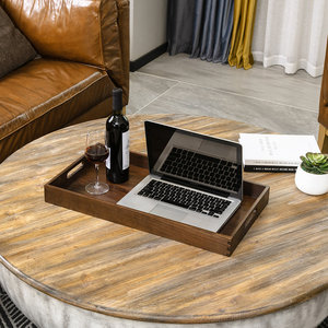 Plateau de service rectangulaire moderne en bois brun foncé avec poignées, plateau de table basse, plateau pour ordinateur portable, organisateur, plateau de service - Product Image 1