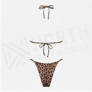 Ensemble bikini 2 pièces imprimé léopard pour femme, haut dos nu à nouer, bas string extensible, maillot de bain - Product Image 2