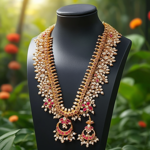 Rhodium Plated CZ Leaf Bridal Jewelry Set-<b>Ruby</b> Guttapusalu <b>Necklace</b> and Earring Set - Product Image 3