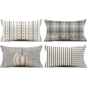 Set di 4 Federe Decorative 12x20 Pollici Grigie a Righe Stile Rustico, Copricuscini a Quadri Buffalo Plaid con Motivo Zucca per Autunno e Ringraziamento - Product Image 1
