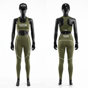 Premium 220 GSM polyester spandex boxing legging and bra set olive green panel design heat transfer logo - Product Image 1