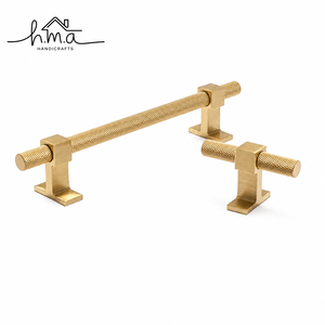 <b>Brass</b> Gold Knurled Cylindrical Cabinet Handle with Square Base Mount Modern Textured <b>Drawer</b> <b>Pull</b> for Furniture and Doors - Product Image 1