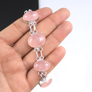925 Sterling Silver Plated Rose Quartz Link <b>Bracelet</b> Handcrafted Natural Gemstone Oval Stone Chain <b>Bracelet</b> Jewelry for Women - Product Image 4