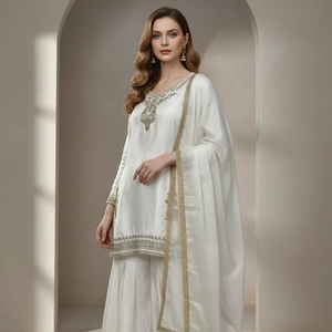 Conjunto de Traje Sharara de Seda Blanca de Lujo 2026, Kurti Bordado, Pantalones Anchos con Corte Acampanado, Dupatta, para Bodas Indias y Pakistaníes, Fiestas, Estilo Bollywood - Product Image 1