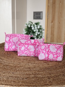 Vintage Cotton Quilted Cosmetic Bag Block Printed Zipper Toiletry Pouch Handmade <b>Makeup</b> <b>Case</b> for Travel Stylish Gifts Trendy Bag - Product Image 5