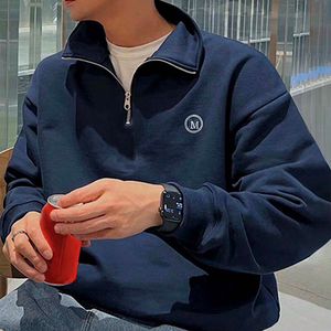 Men's <b>Navy</b> Blue Quarter Zip <b>Sweatshirt</b> Stand Collar Regular Fit Casual Solid Color French Terry Knitted Winter Wear - Product Image 1