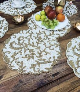 Embroidered Cotton Table <b>Runner</b> Plant Pattern Classic Style Beige Gold Home Decor <b>Washable</b> - Product Image 1