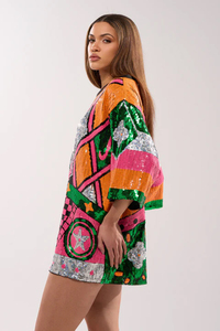 Oversized Women's <b>Sequined</b> Patchwork <b>T</b>-<b>Shirt</b> Short Sleeve Loose Fit O-Neck Glitter Print Spring Summer Woven Polyester <b>Dress</b> - Product Image 4