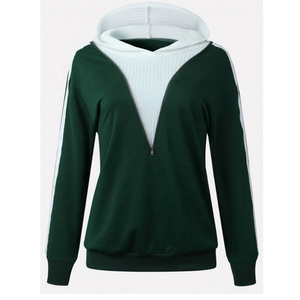 Sudadera de Mujer con Capucha y Cierre, Color Sólido, Manga Larga, Tejido de Algodón, para Otoño, Verde con Detalle de Raya Blanca - Product Image 1
