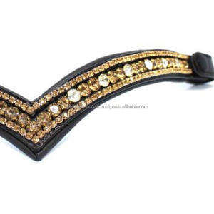 Banda de cuero genuino para cejas de caballo, diseño con 5 filas de cristales dorados y negros, mega ostentosa, de alta calidad - Product Image 6