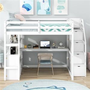 White Full Size Loft Bed with Desk and Shelves Two Built-in Drawers and Storage Staircase Kids' Furniture - Product Image 2