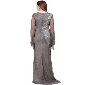 Robe de soirée de luxe en argent ardoise, richement ornée de perles de verre, robe longue avec manches longues en forme de cloche pour bal de promo, soirée formelle - Product Image 2