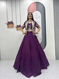 Purple Embroidered Lehenga Set Women Crop <b>Top</b> Blouse Jacket <b>Net</b> Skirt Wedding Party Outfit India Pakistan - Product Image 3