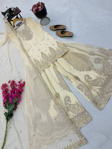 Costume brodé crème avec dupatta, coupe classique, vêtements traditionnels indiens et pakistanais pour femmes, séchage rapide, mariage, toutes saisons - Product Image 5