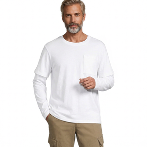 T-shirt en coton blanc à manches longues pour homme, col rond, coupe classique, couleur unie, jersey tricoté, design uni - Product Image 6