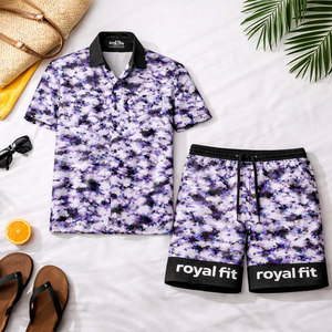 Ensemble 2 pièces pour homme personnalisé, chemise et short camouflage violet, ensemble assorti décontracté à boutons, tenue streetwear - Product Image 3