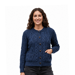 Women's Blue V-Neck Full Sleeve Knitted <b>Cardigan</b> Casual Winter Wear 100% Wool <b>Thick</b> Hand Knitted Single Breasted Regular Fi - Product Image 4