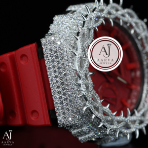 AARVA JEWELS Luxury Diamond Watch Stainless Steel Case Red <b>Rubber</b> Band Analog Quartz 45mm Round Dial Sapphire Crystal - Product Image 5