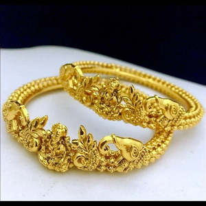 24K Gold Plated <b>Copper</b> Antique Style Kada <b>Bangles</b> with Zircon and Pearl - Product Image 3