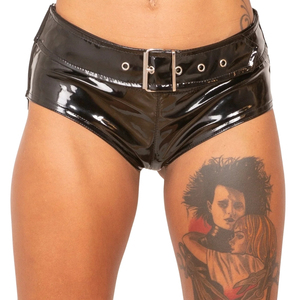 Shorts Negros de Cintura Alta con Revestimiento de PU y Cinturón, Pantalones de Moda para Mujer, Estilo Sexy para Club, Corte Regular, Color Sólido - Product Image 1