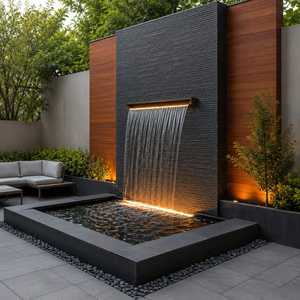 Fontaine murale rectangulaire en marbre, cascade personnalisée, sculpture en pierre naturelle, fonction d'éclairage LED, pour jardin extérieur, cour, patio, villa - Product Image 3