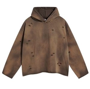 Sweat-shirt à capuche marron oversize pour homme, manches classiques, en molleton bouclette, style décontracté pour l'automne, couleur unie, design délavé - Product Image 1