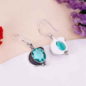 Boucles d'oreilles ovales en apatite, en argent sterling 925, style vintage, bijoux faits à la main, cadeau pour femme - Product Image 2