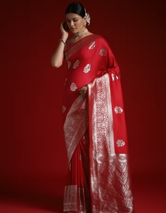 KV Women's Traditional Satin Silk Party Saree <b>Red</b> Woven Designer with Unstitched <b>Blouse</b> Wrinkle Free Reversible - Product Image 1