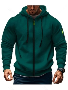Men's Hooded Zip-Up Sweatshirt Solid Green Casual Regular Fit Knitted Polyester Breathable Autumn Wear 2027 - Product Image 1