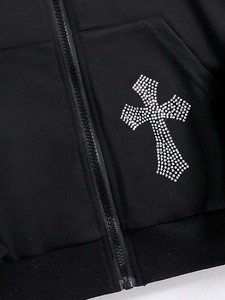 Sweat-shirt à capuche noir pour homme avec fermeture éclair, imprimé croix en strass, coupe oversize, 100% coton molletonné, style hip-hop streetwear, vêtement décontracté - Product Image 5