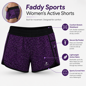 Purple Black <b>Glitter</b> Print Women Running Shorts Zip Pocket Elastic Waist Contrast Trim Custom Logo Fitness Activewear Wholesale - Product Image 5