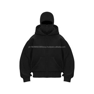 Sudadera con capucha doble de algodón 100% personalizada para hombre, estilo balaclava y ninja, de peso pesado, con cremallera y hombros caídos - Product Image 1