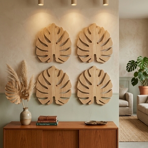 Silhouette murale artisanale en bois de feuille de Monstera, sculpture murale en bois sculpté, style botanique tropical minimaliste, décoration de salon - Product Image 3