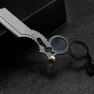 Rasoir droit professionnel pour hommes, manche anneau droit pour rasage à l'huile, double prise pour les doigts, sans lame, noir - Product Image 6