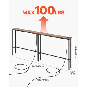 Set di 2 Tavoli Consolle Stretti in Pino a 1 Ripiano, Tavolo Lungo da Ingresso con Prese Elettriche, Tavolino Stretto per Divano con Struttura in Metallo - Product Image 3