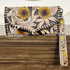 กระเป๋าสตางค์หนังแท้ลายดอกทานตะวันแบบสั่งทำพิเศษปี 2026 พร้อมสายคล้องมือ หนังวัวลายดอกไม้สไตล์ตะวันตกสำหรับสุภาพสตรี - Product Image 1