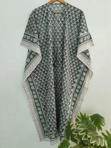 <b>Boho</b> Chic Gray Hand Block Floral Print Kaftan Maxi <b>Dress</b> V-neck Women’s Relaxed Fit Cotton Casual <b>Summer</b> <b>dress</b> - Product Image 3