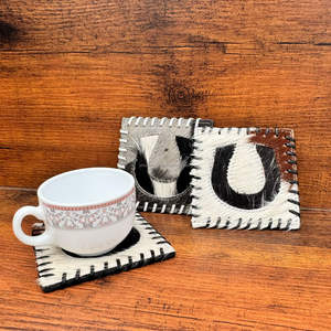 Newest Handmade Horseshoe Cowhide Coasters Set Genuine Leather Drink Coasters Rustic Table Decor Unique Western <b>Hair</b>-on Coasters - Product Image 4