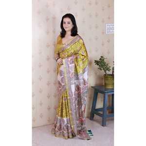 Madhubani Fusion Printed Saree <b>Gold</b> Tussar Silk with Zari Woven Border Traditional Indian <b>Scarf</b> & Shawl - Product Image 2