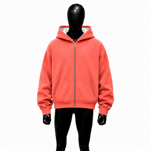 Sweat à capuche entièrement zippé rouge corail en molleton de coton épais de qualité supérieure, coupe oversize, style streetwear, unisexe, vierge, pour l'automne - Product Image 1