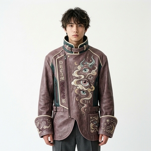 Hand Embroidery Eye Pattern Mandarin Collar Zipper Closure Streetwear Style Autumn Wear Men's <b>Real</b> <b>Leather</b> <b>Jacket</b> - Product Image 1