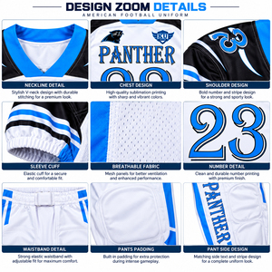 Conjunto de Uniforme de Fútbol Americano de Primera Calidad, Jersey Blanco, Azul y Negro, Pantalones, Ropa Deportiva para Equipo, Entrenamiento, Competencia y Juego - Product Image 6