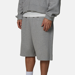 Men's Gray Solid Color Knitted Bermuda Shorts <b>Elastic</b> Waist Casual Style Mid Rise With Pockets Breathable Cotton Fabric - Product Image 2