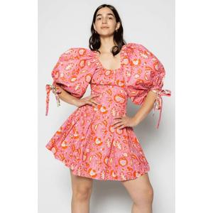 Vestido Midi Rosa con Estampado Floral y Mangas Abullonadas para Mujer, Cuello Redondo, Estilo Bohemio, Casual de Verano, Línea A, para Fiesta, Cintura Natural, Lavable - Product Image 1