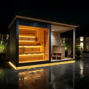 Cabine de sauna extérieure haut de gamme pour jardin, en thermowood de luxe, avec bain froid pour thérapie, spa, récupération et bien-être contrasté - Product Image 1