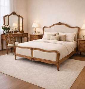 Juego de Dormitorio de Madera de Caoba Tallada a Mano Estilo Americano, Cabecera y Pie de Cama Tapizados, Muebles de Dormitorio de Madera Sólida, Tamaño Personalizado - Product Image 1